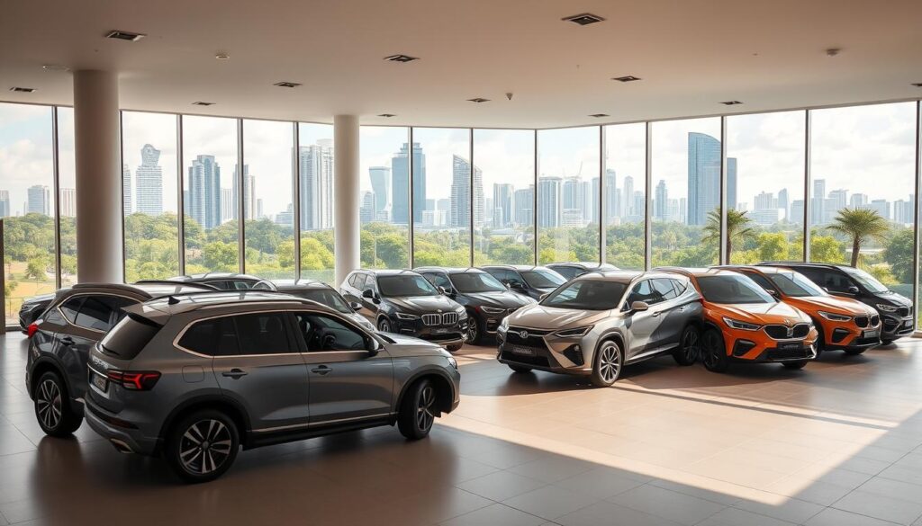 A serene outdoor scene in Singapore, showcasing a range of used SUV models prominently displayed in a well-lit, spacious showroom. The lighting is warm and natural, with soft shadows accentuating the sleek, angular designs of the vehicles. In the foreground, a group of mid-size and full-size SUVs in various colors and trim levels are meticulously arranged, inviting potential buyers to inspect and compare. The middle ground features several luxury and high-performance SUV models, their gleaming exteriors reflecting the urban landscape visible through large windows. In the background, a cityscape of towering skyscrapers and lush greenery creates a vibrant, metropolitan backdrop, conveying the dynamic nature of the used car market in Singapore.