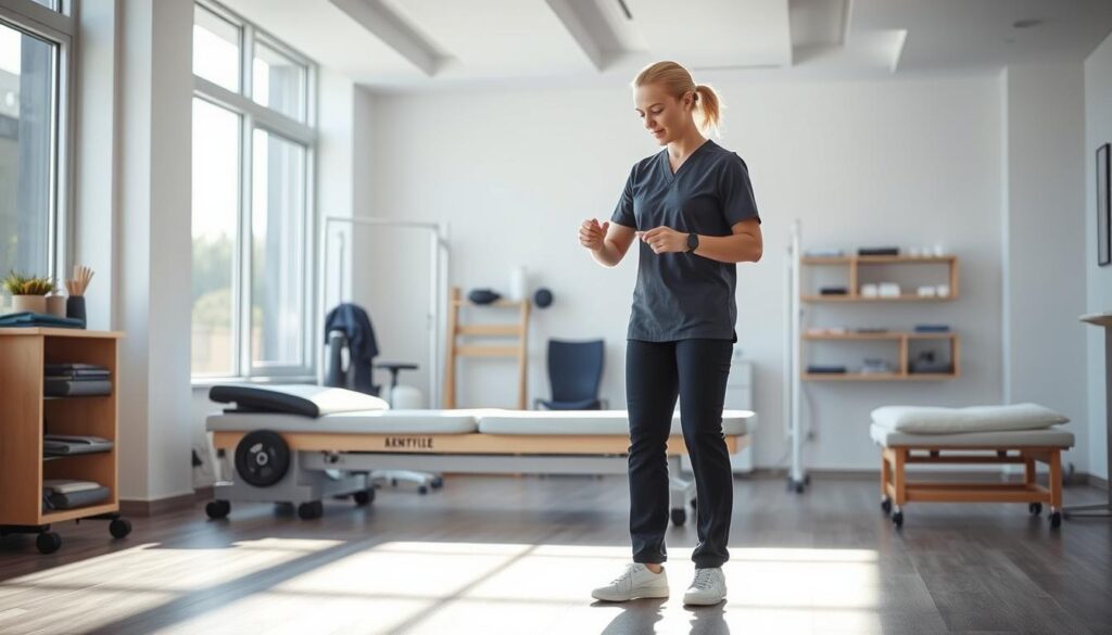 A serene physiotherapy rehabilitation session set in a modern, well-equipped clinic. The foreground features a patient undergoing gentle exercises guided by a compassionate physiotherapist, their movements captured in soft, natural lighting. The middle ground showcases state-of-the-art equipment and therapeutic tools, arranged with care and precision. In the background, a calming, minimalist interior design with large windows allowing natural sunlight to flood the space, creating a tranquil and rejuvenating atmosphere.