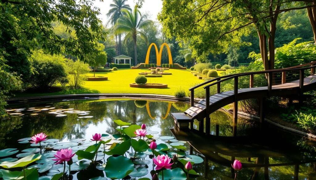 A serene pond nestled within the lush foliage of the Ridout Tea Garden, McDonald's tranquil oasis. Sunlight filters through the verdant canopy, casting a warm glow on the still waters. In the foreground, a small wooden bridge arches gracefully over the pond, inviting visitors to pause and take in the peaceful ambiance. Vibrant lotus flowers dot the surface, their delicate petals mirrored in the reflective pool. The middle ground features a meticulously manicured lawn, dotted with manicured shrubs and the occasional towering palm tree. In the background, the distinctive golden arches of McDonald's stand as a subtle reminder of this unexpected sanctuary. The overall scene exudes a sense of harmony, blending the natural beauty of the tea garden with the iconic brand's presence, creating a truly captivating and serene setting.