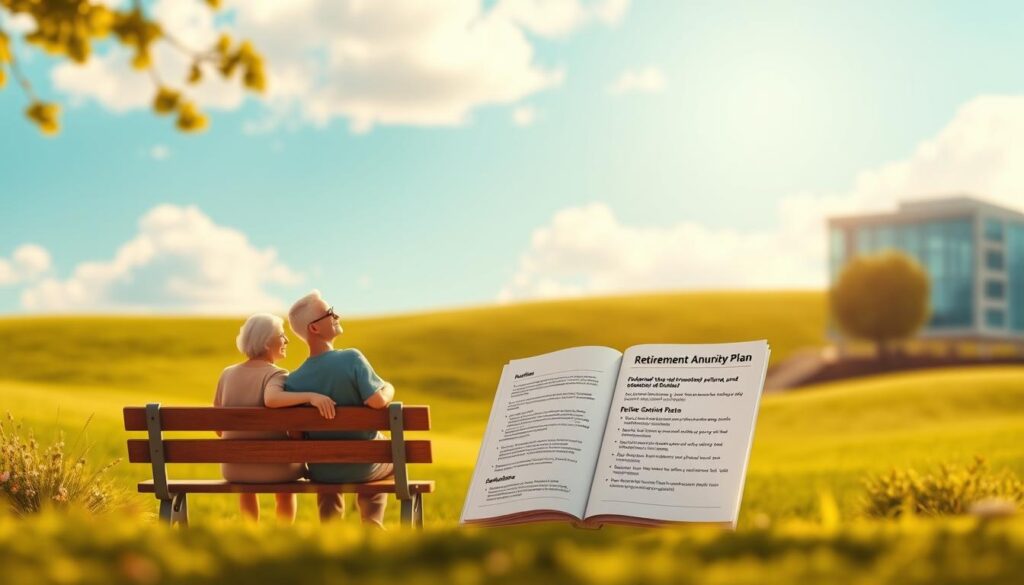 A serene retirement annuity plan illustration featuring a vibrant green landscape with rolling hills and a clear blue sky. In the foreground, a retiree couple sits contentedly on a park bench, their faces filled with a sense of security and well-being. In the middle ground, a detailed model of a retirement annuity plan document stands prominently, its pages open to display the key benefits. The background showcases a modern, minimalist financial institution building, its clean lines and glass façade reflecting the reliable and trustworthy nature of the retirement annuity plan. The scene is bathed in warm, golden sunlight, creating a calming and optimistic atmosphere.
