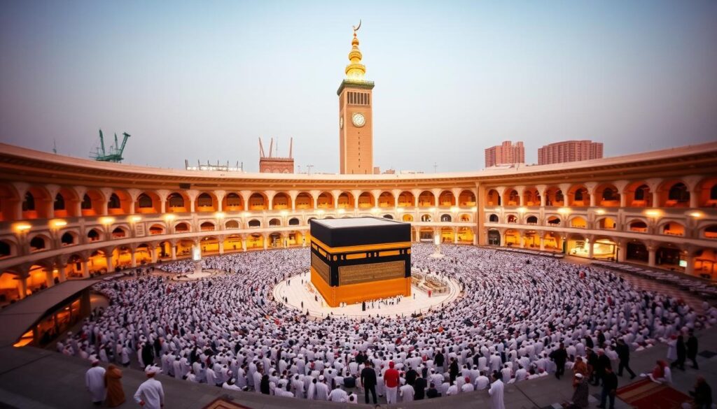 A serene scene of the Kaaba, the sacred shrine at the heart of the Masjid al-Haram in Mecca, surrounded by the bustling pilgrimage of the Hajj and Umrah rituals. In the foreground, pilgrims in white ihram garments perform the tawaf, circling the Kaaba in reverence. The middle ground features the towering Abraj Al Bait clocktower, a modern architectural marvel overlooking the holy site. In the background, the vast, tiled courtyard of the Masjid al-Haram extends, filled with worshippers seeking the blessings of this spiritual journey. Warm, golden lighting casts a peaceful glow over the scene, capturing the essence of the Umrah experience.