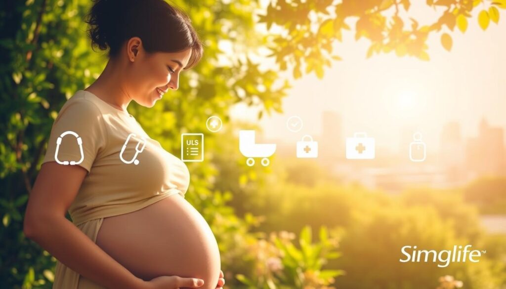 A serene, sun-drenched scene depicting the Singlife MyMaternityPlan coverage. In the foreground, a pregnant woman gazes lovingly at her belly, surrounded by a lush, verdant garden. Soft, warm lighting bathes the scene, creating a sense of comfort and security. In the middle ground, various healthcare icons - a stethoscope, a baby carriage, a first-aid kit - symbolize the comprehensive protection offered by the Singlife plan. The background features a picturesque cityscape, representing the financial stability and trustworthiness of the Singlife brand. The overall mood is one of peace, care, and unwavering support for expectant mothers.