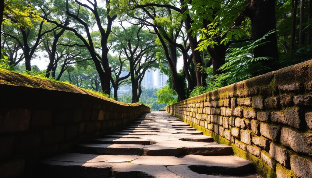 A serene trail winding through the lush greenery of Fort Canning Park, Singapore. In the foreground, worn stone steps lead visitors along a historic path, the sunlight casting a warm glow on the moss-covered walls. Towering trees line the middle ground, their canopies filtering the light and creating a natural, tranquil ambiance. In the background, the distant skyline of Orchard Road's high-rises serves as a reminder of the park's urban setting, seamlessly blending the past and present. The scene evokes a sense of timelessness, inviting exploration of the park's rich heritage and natural beauty.