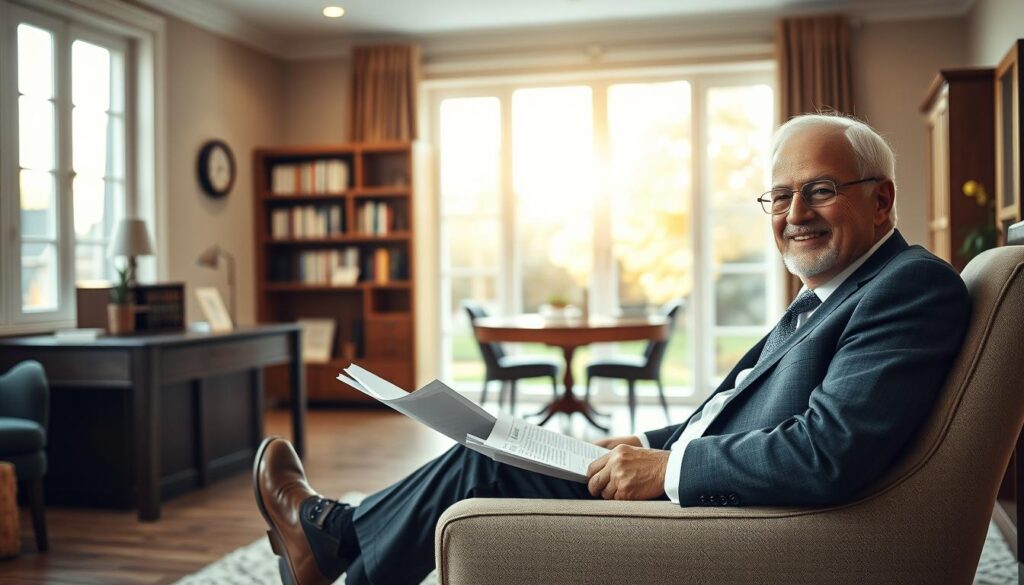 A serene, well-lit interior scene showcasing the key benefits of a private retirement annuity plan. In the foreground, a smartly-dressed retiree sits comfortably on a plush armchair, financial documents in hand, a sense of financial security and independence radiating from their expression. In the middle ground, bookshelves and a tasteful desk suggest a private home office, while the background features large windows overlooking a tranquil garden, bathed in warm, golden sunlight. The overall atmosphere conveys a sense of contentment, stability, and the rewards of prudent financial planning for one's golden years.