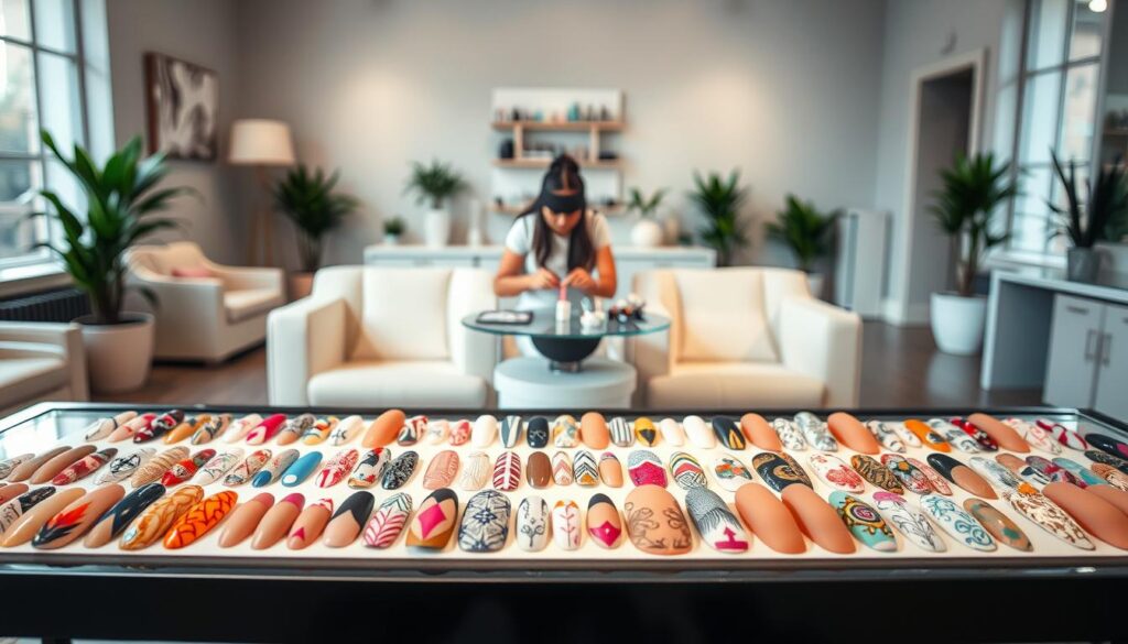 A serene, well-lit nail salon interior with soft, natural lighting filtering through large windows. In the foreground, a table displays an array of intricate, creative nail art designs featuring vibrant colors, geometric patterns, and delicate floral motifs. The designs are showcased on a variety of nail shapes and lengths, capturing the versatility of this artform. The middle ground features a skilled nail technician meticulously applying the designs, their hands in focus. The background subtly suggests the overall ambiance of the salon, with plush seating, potted plants, and minimalist decor creating a calming, spa-like atmosphere.
