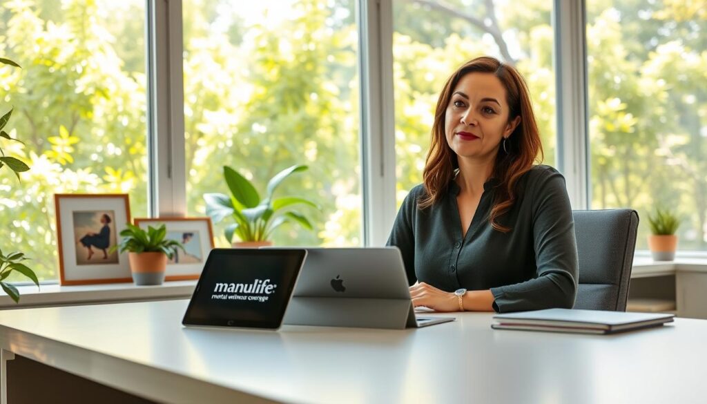 A serene, well-lit office setting with a large window overlooking a lush, green garden. In the foreground, a thoughtful woman sits at a sleek, modern desk, her expression reflecting a sense of calm and focus. On the desk, a tablet displays the Manulife logo and information about their mental wellness coverage for expectant mothers. The mid-ground features carefully curated office decor, including a potted plant and a framed piece of art, creating a soothing, professional atmosphere. The background showcases the garden outside, with sunlight filtering through the foliage and creating a warm, natural ambiance. The overall mood is one of comfort, care, and a commitment to supporting the mental well-being of new mothers.