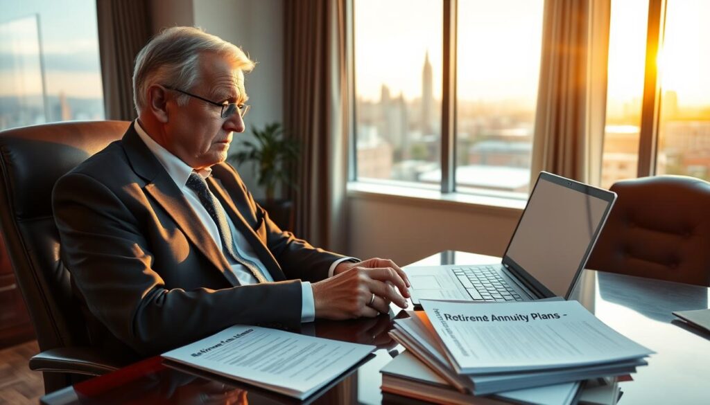 A serene, well-lit office setting with a mahogany desk and leather armchair. On the desk, an open laptop and a stack of documents labeled "Retirement Annuity Plans". A large window in the background overlooks a scenic cityscape, bathed in the soft, warm glow of the setting sun. In the foreground, a senior investor, dressed in a tailored suit, sits contemplatively, carefully reviewing the documents and considering their options for a secure retirement. The atmosphere is one of thoughtful deliberation, with a sense of financial stability and long-term planning.
