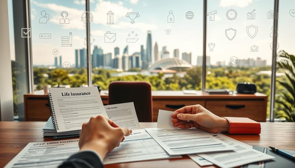 A serene, well-lit office setting with a variety of life insurance policies neatly displayed on a wooden desk. In the foreground, a pair of hands carefully reviewing the documents, conveying a sense of diligence and consideration. The middle ground features an array of insurance-related icons and symbols, such as graphs, charts, and protective icons, creating an informative and trustworthy atmosphere. The background showcases a tranquil cityscape of Singapore, with modern skyscrapers and lush greenery, reflecting the sophistication and prosperity of the city. The overall scene evokes a sense of financial security, informed decision-making, and the importance of life insurance for Singapore residents.