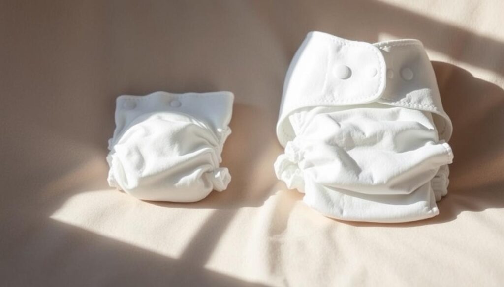 A side-by-side comparison of a newborn diaper and a toddler diaper, resting on a soft, neutral-colored surface. The newborn diaper is smaller, more delicate, and designed for a baby's sensitive skin, while the toddler diaper is larger, more absorbent, and suitable for a growing child. Diffused, natural lighting illuminates the diapers, highlighting the textural differences and design features. The image conveys a sense of simplicity and clarity, allowing the viewer to easily distinguish the key differences between the two diaper sizes. A side-by-side comparison of a newborn diaper and a toddler diaper, resting on a soft, neutral-colored surface. The newborn diaper is smaller, more delicate, and designed for a baby's sensitive skin, while the toddler diaper is larger, more absorbent, and suitable for a growing child. Diffused, natural lighting illuminates the diapers, highlighting the textural differences and design features. The image conveys a sense of simplicity and clarity, allowing the viewer to easily distinguish the key differences between the two diaper sizes.