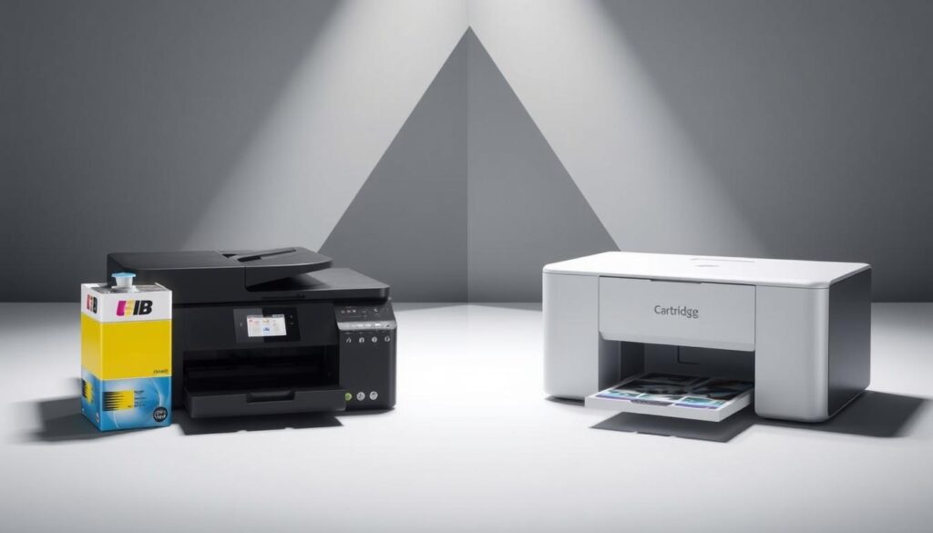 A side-by-side comparison of an ink tank printer and a cartridge printer, showcased in a modern, minimalist style. In the foreground, the ink tank and cartridge are prominently displayed, their distinct designs and components clearly visible. The middle ground features sleek, angular lines and subtle shadows, creating a sense of depth and balance. The background is a muted, gradient-based environment, allowing the main elements to take center stage. Soft, directional lighting casts gentle shadows, emphasizing the form and textures of the printers. The overall atmosphere is clean, sophisticated, and informative, inviting the viewer to appreciate the key differences between these two printer technologies.
