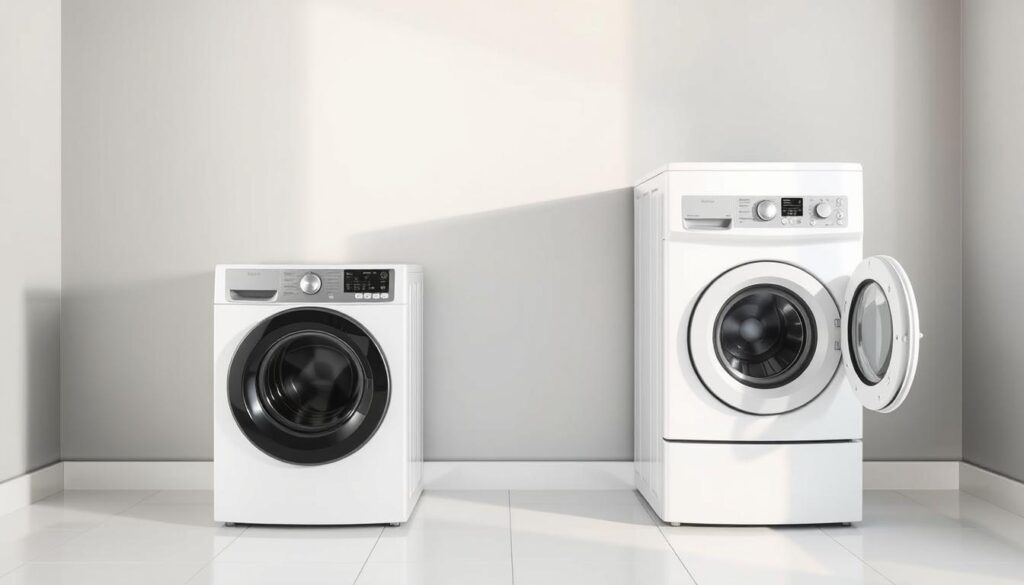 A side-by-side comparison of two modern, high-efficiency washer dryer combo units in a bright, well-lit laundry room. The units are placed on an immaculate white tile floor, with a neutral gray wall backdrop. The lighting is soft and diffused, casting gentle shadows and highlighting the sleek, minimalist designs of the appliances. The units are presented at an angle, allowing for a clear view of their control panels and various settings. The overall scene conveys a sense of practicality, efficiency, and attention to detail, reflecting the thorough review of top-rated models in the article.