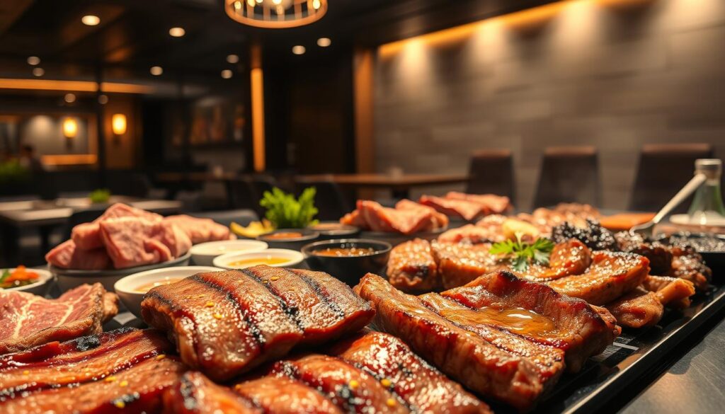 A sizzling display of premium Korean BBQ meats, perfectly marbled and glistening under warm studio lighting. In the foreground, an array of juicy ribeye, bulgogi, and galbi cuts, expertly arranged with a touch of sesame oil and ginger. The middle ground features an assortment of dipping sauces and banchan, offering a harmonious balance of flavors. In the background, a sleek, modern Korean BBQ restaurant setting, with clean lines and subtle textures evoking an upscale dining experience. The overall atmosphere is one of culinary excellence and sophisticated Korean culinary traditions.