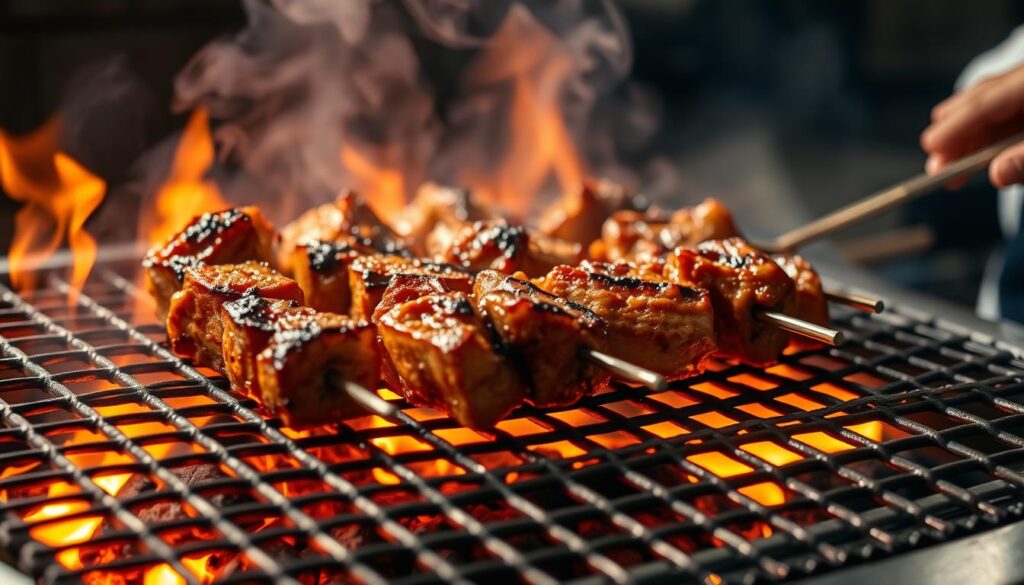 A sizzling hot charcoal grill, its metal grates glowing with intense heat. Expertly marinated cuts of meat, seared to perfection, their juices caramelizing into a rich, savory crust. Fragrant smoke billows upwards, casting a warm, amber glow over the scene. In the foreground, a skilled chef, their movements practiced and precise, carefully turning the skewers, ensuring an even cook. The background fades into a hazy, out-of-focus blur, drawing the viewer's attention to the mesmerizing dance of the flames and the captivating transformation of the meat. This is the art and science of the perfect kebab, a symphony of fire, spice, and culinary mastery.