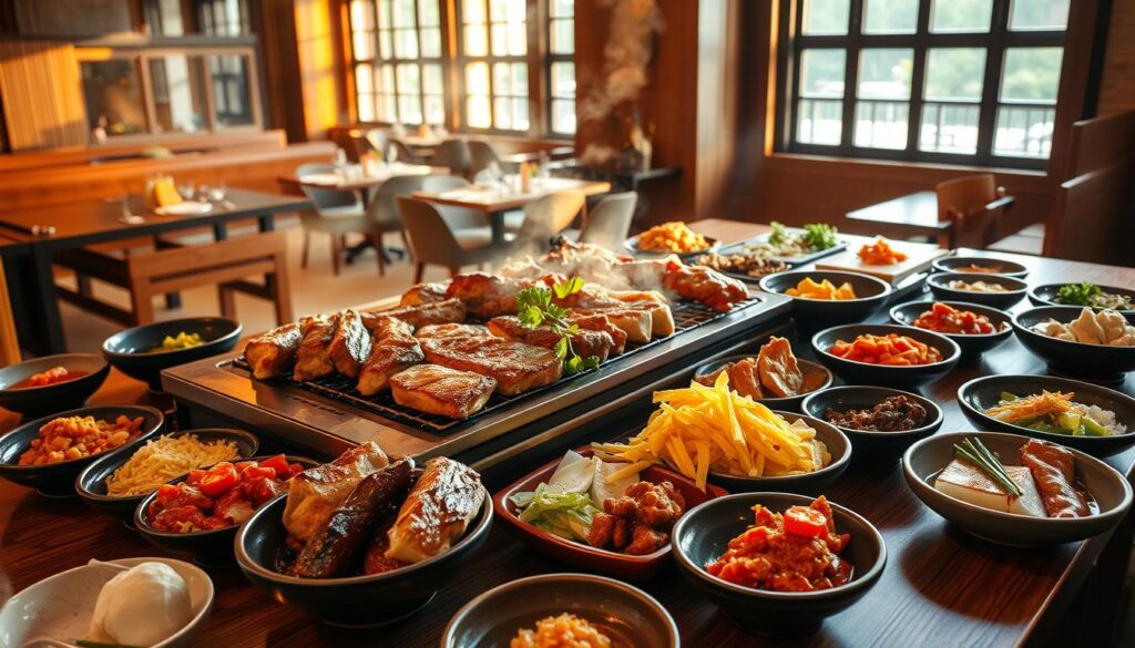 A sizzling, mouthwatering spread of Korean BBQ meats, including bulgogi, galbi, and samgyeopsal, arranged artfully on a wooden table. Alongside, an array of traditional Korean side dishes, or banchan, such as kimchi, namul, and japchae, presented in vibrant colors and textures. A warm, inviting atmosphere with soft natural lighting filtering through large windows, casting a golden glow on the scene. The composition captures the essence of a traditional Korean dining experience, conveying the rich flavors, aromas, and cultural heritage of this celebrated cuisine.