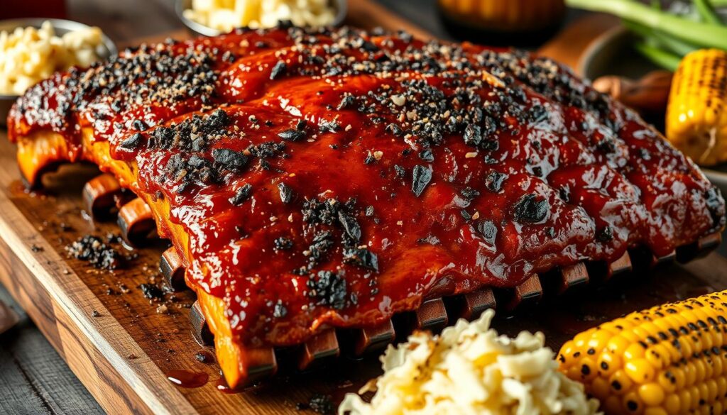 A sizzling platter of perfectly charred Texas-style barbecue ribs, glistening with a thick, tangy glaze and adorned with a sprinkling of coarse salt and cracked black pepper. The meat, falling off the bone with the slightest tug, exudes the alluring aromas of smoked paprika, garlic, and a hint of brown sugar. Positioned on a rustic wooden table, the ribs are accompanied by a side of crisp coleslaw and a few slices of freshly grilled corn on the cob, creating a mouthwatering scene that evokes the spirit of authentic Southern barbecue. Bathed in warm, golden light and captured with a shallow depth of field, the image conveys the rich, indulgent flavors and relaxed, convivial atmosphere of a Texas-style barbecue feast. A sizzling platter of perfectly charred Texas-style barbecue ribs, glistening with a thick, tangy glaze and adorned with a sprinkling of coarse salt and cracked black pepper. The meat, falling off the bone with the slightest tug, exudes the alluring aromas of smoked paprika, garlic, and a hint of brown sugar. Positioned on a rustic wooden table, the ribs are accompanied by a side of crisp coleslaw and a few slices of freshly grilled corn on the cob, creating a mouthwatering scene that evokes the spirit of authentic Southern barbecue. Bathed in warm, golden light and captured with a shallow depth of field, the image conveys the rich, indulgent flavors and relaxed, convivial atmosphere of a Texas-style barbecue feast.