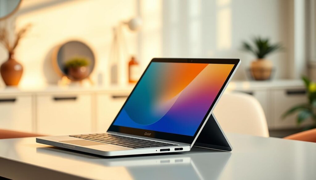 A sleek, 2-in-1 convertible laptop rests on a modern, minimalist desk, its display rotating smoothly to transition between laptop and tablet modes. Warm, natural lighting highlights the device's precision-crafted aluminum chassis and vibrant touchscreen display. In the background, a serene, blurred office setting with tasteful decor evokes a professional, yet relaxed atmosphere. The laptop's versatile, transformative nature is on full display, showcasing its adaptability to diverse productivity and creative workflows.