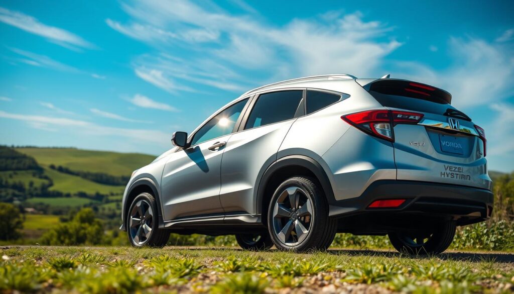 A sleek and aerodynamic Honda Vezel Hybrid SUV, captured in a well-lit outdoor scene. The vehicle is positioned in the foreground, its gleaming silver body reflecting the sun's rays. The middle ground features a lush, verdant landscape with rolling hills and vibrant greenery, conveying a sense of eco-friendly efficiency. In the background, a clear blue sky with wispy clouds creates a serene, tranquil atmosphere. The image is shot from a low angle, emphasizing the Vezel's confident, sporty stance and highlighting its impressive hybrid powertrain, which delivers exceptional fuel economy and low emissions, making it the efficiency leader in the SUV segment.