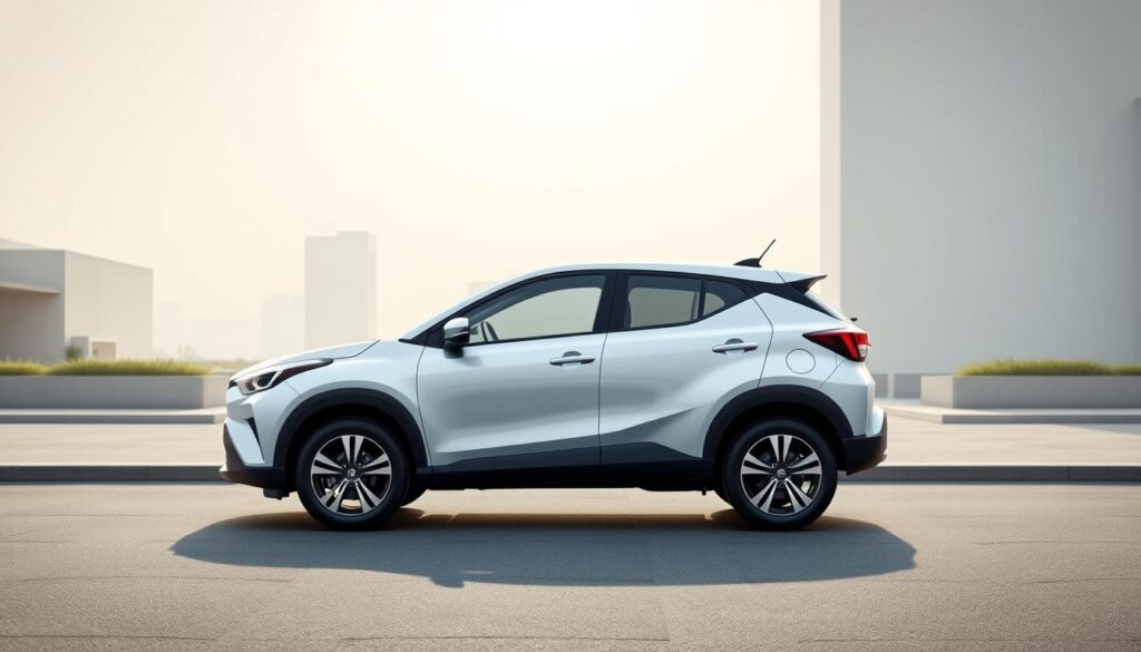 A sleek and efficient Toyota Yaris Cross Hybrid SUV set against a crisp, modern backdrop. The vehicle is centered in the foreground, its hybrid badge and sculpted bodywork gleaming under soft, directional lighting. The mid-ground features a clean, minimalist urban landscape with geometric architecture and hints of greenery, creating a sense of balance and sophistication. The background fades into a hazy, atmospheric sky, evoking a sense of tranquility and environmental harmony. The overall composition captures the Yaris Cross's compact size, advanced hybrid powertrain, and premium design aesthetic, perfectly suited to illustrate the "Toyota Yaris Cross: Compact Hybrid Excellence" section.