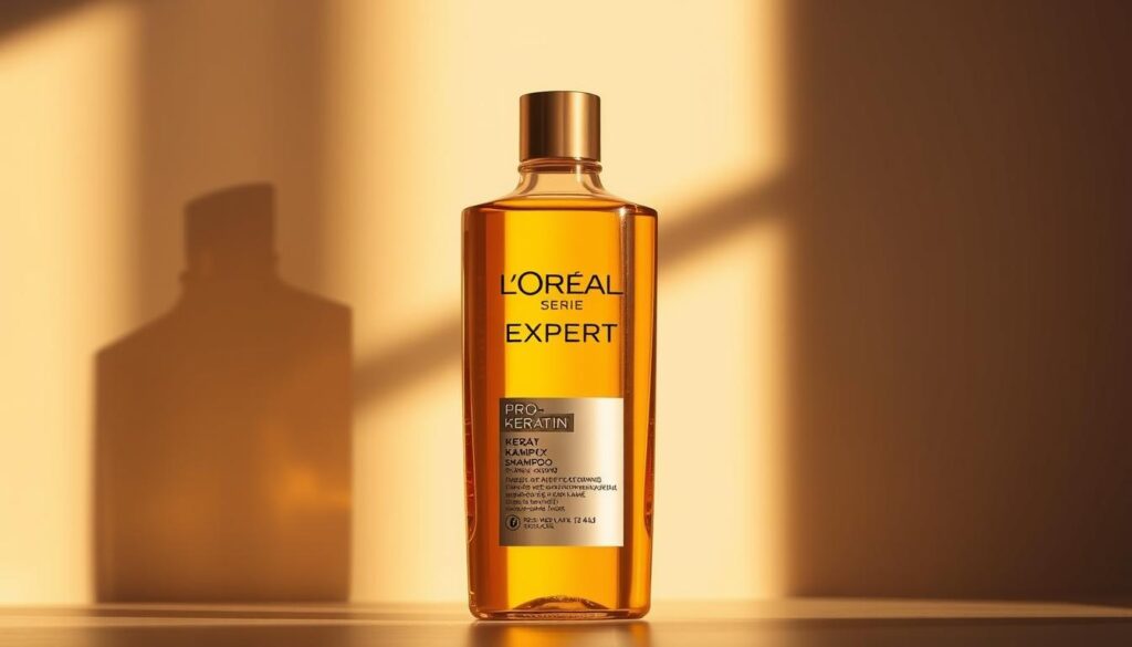 A sleek and elegant glass bottle of L'Oréal Serie Expert Pro-Keratin shampoo is prominently displayed against a soft, blurred background. The bottle's label features the L'Oréal logo and the "Pro-Keratin" branding in a modern, sans-serif font. The shampoo's golden-amber liquid is clearly visible through the transparent glass, creating a visually appealing and premium-looking product. The scene is lit by warm, directional lighting that casts subtle shadows, enhancing the bottle's form and adding depth to the composition. The overall mood is one of sophistication and high-quality, reflecting the shampoo's targeted formula for damaged hair.