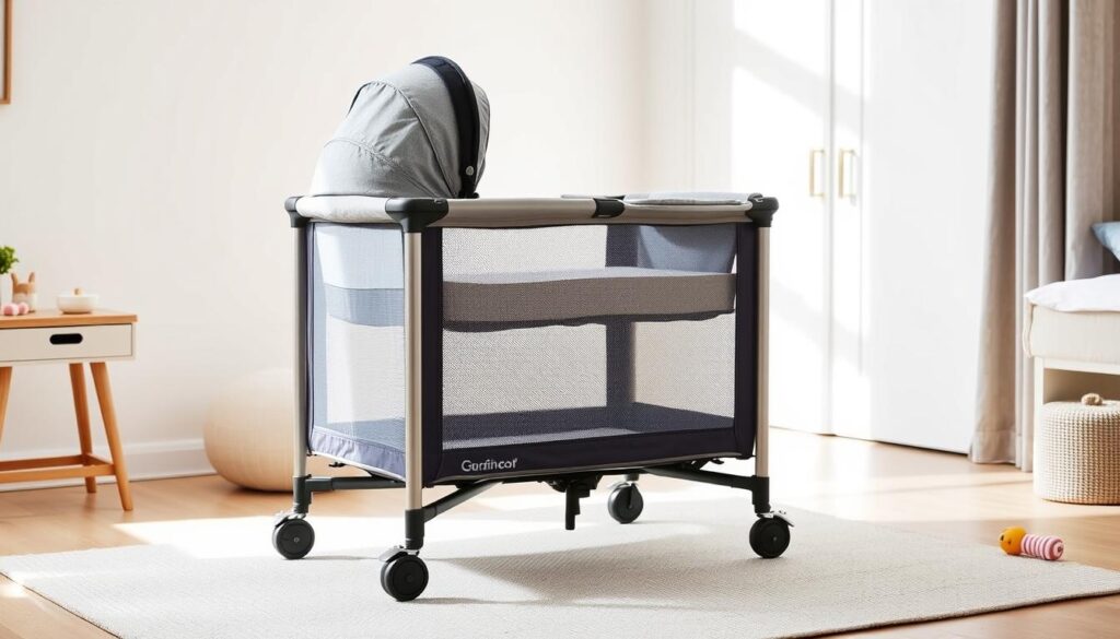 A sleek and modern 4-in-1 travel cot with smooth-rolling wheels, bathed in soft, natural lighting. The sturdy metal frame supports a plush, gray fabric interior, complete with a bassinet and changing table. In the foreground, the cot stands in a cozy, minimalist nursery setting, with a wooden side table and a few carefully placed toys nearby. The overall atmosphere is one of practicality and comfort, perfect for busy parents on the go.