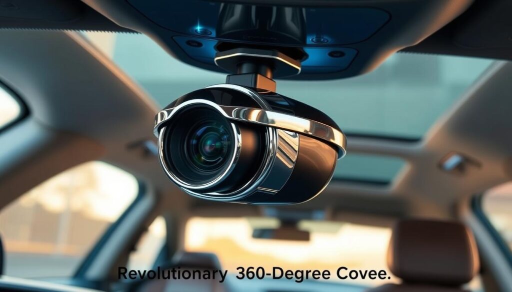 A sleek and modern 70mai Omni 4K dash cam with a rotating lens assembly, capturing a 360-degree view of the interior of a luxury sedan. The device is mounted on the dashboard, its polished chrome housing reflecting the warm glow of the ambient lighting. The lens rotates smoothly, providing a comprehensive overview of the vehicle's surroundings. In the background, the interior of the car is visible, with plush leather seats and a minimalist dashboard design. The image conveys a sense of advanced technology and attention to detail, perfectly suited for illustrating the "70mai Omni 4K: Revolutionary 360-Degree Coverage" section of the article.