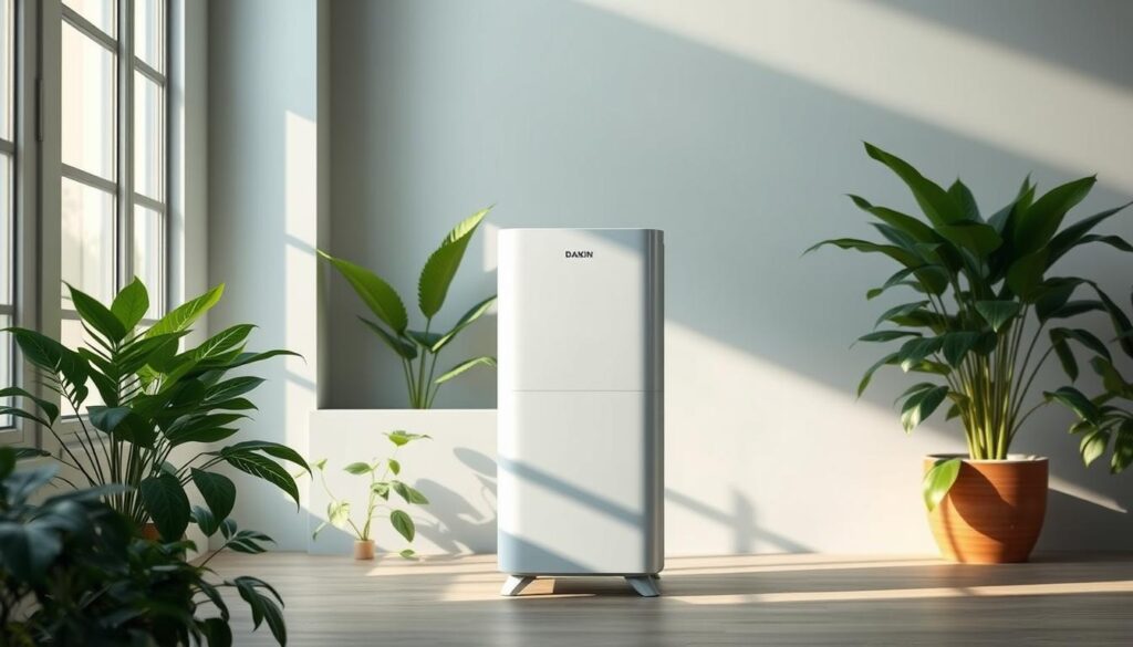 A sleek and modern Daikin air purification system standing prominently in a well-lit, minimalist interior. The device has a clean, cylindrical design with discrete air vents and a softly illuminated display panel. Positioned on a wooden or concrete surface, the purifier is surrounded by lush indoor plants, creating a harmonious, natural ambiance. Soft, directional lighting from above casts subtle shadows, emphasizing the product's refined aesthetics and advanced technological capabilities. The overall scene conveys Daikin's commitment to innovation, efficiency, and environmental consciousness, perfectly aligning with the section title "Daikin: Innovative Technology and Superior Air Purification".