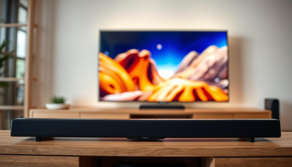 A sleek and modern Hisense AX5125H Dolby Atmos soundbar system, elegantly positioned on a wooden entertainment center. The soundbar has a minimalist design with clean lines and a matte black finish, seamlessly blending into the surrounding decor. Positioned in the foreground, the soundbar is shown from a slightly elevated angle, allowing the viewer to appreciate its low-profile form factor. In the middle ground, a high-end 4K television displays crisp, vibrant visuals, complementing the cinematic audio experience of the Hisense system. The background is softly lit, creating a warm and inviting atmosphere, perfect for immersive home entertainment.