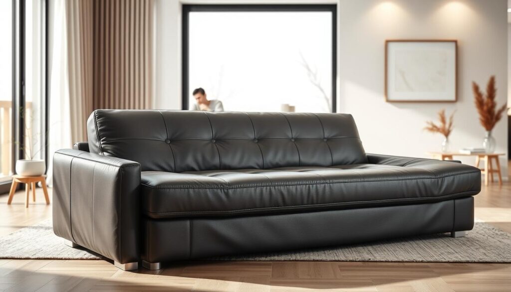 A sleek and modern PVC leather sofa bed in a warm, inviting living room setting. In the foreground, the Seahorse-branded sofa bed is neatly folded, showcasing its compact and portable design. Detailed textures of the high-quality PVC leather material are visible. In the middle ground, a minimalist, Scandinavian-inspired living room with a large window allowing natural light to stream in, creating a cozy and relaxing ambiance. The background features a simple, neutral-toned wall decor, complementing the overall sophisticated aesthetic. Soft, diffused lighting casts gentle shadows, highlighting the sofa bed's elegant lines and practical functionality.