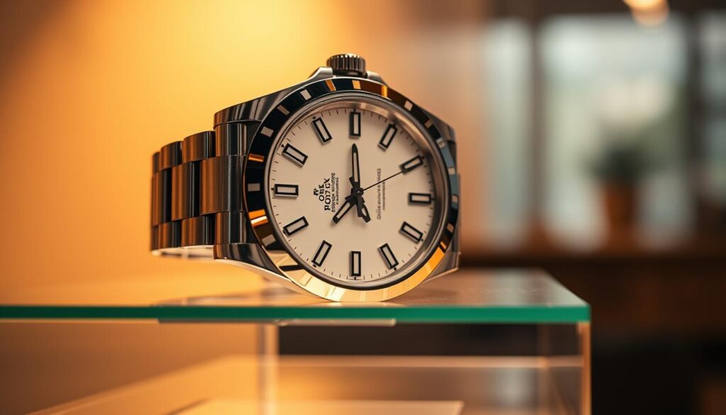 A sleek and modern Rolex watch displayed on a minimalist glass display, bathed in warm, directional lighting that accentuates its clean lines and intricate detailing. The watch is set against a blurred, out-of-focus background, drawing the viewer's eye to the precision craftsmanship and timeless elegance of the timepiece. The lighting casts subtle shadows, creating a sense of depth and three-dimensionality, while the glass surface reflects the watch's metallic components, highlighting its high-quality construction. The overall composition conveys a sense of exclusivity, quality, and the competitive advantages of purchasing an authentic Rolex from a trusted retailer.