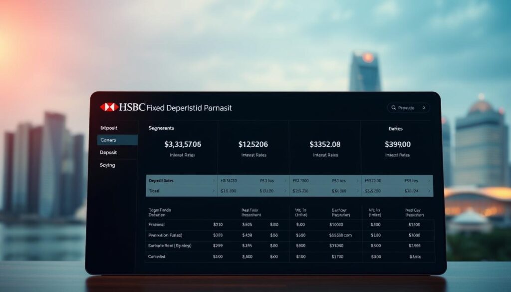 A sleek and modern banking interface showcasing the HSBC fixed deposit segment rates. In the foreground, a clean, minimalist dashboard displays the various deposit tiers, interest rates, and investment terms in a clear, legible format. The background features a blurred cityscape, representing the financial hub of Singapore. Warm, directional lighting from the top left casts a professional, authoritative glow over the scene. The overall mood is one of trust, stability, and sound financial planning, befitting the premium HSBC brand.