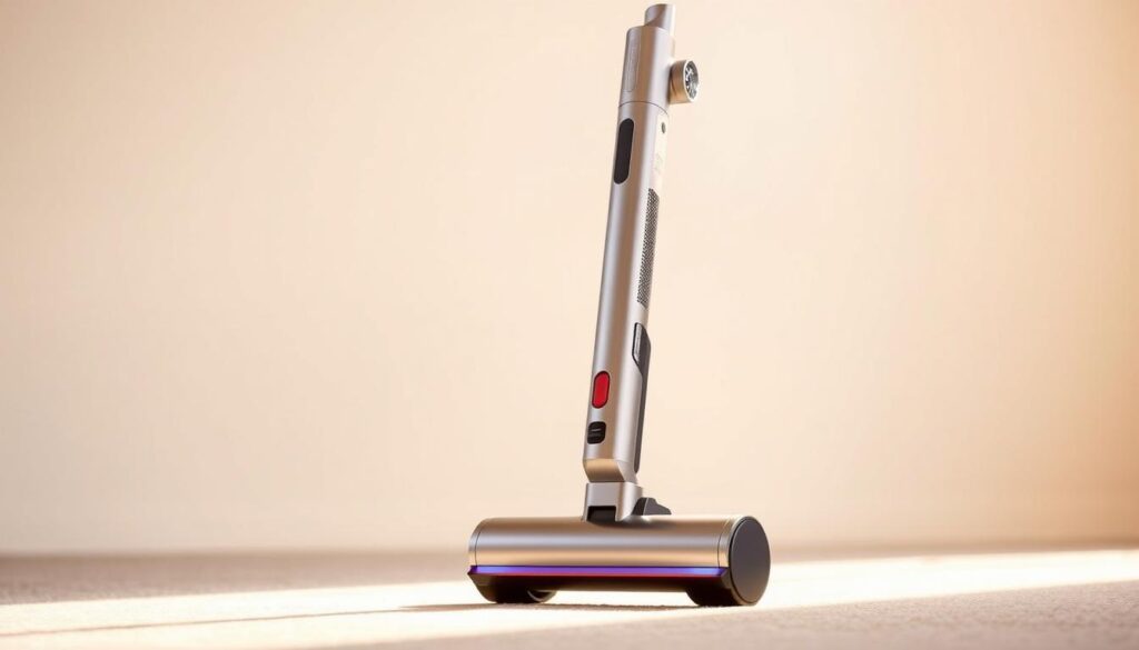 A sleek and modern cordless stick vacuum in a bright, well-lit room. The Dreame H15 Pro Heat takes center stage, its metallic silver body gleaming under warm, directional lighting. The device is angled to showcase its contoured design and discreet controls. Prominent are the large rear wheels and the versatile multi-surface cleaning head, hinting at the vacuum's powerful performance and maneuverability. The background fades softly into a neutral, minimalist space, allowing the Dreame H15 Pro Heat to be the focal point and emphasizing its premium, high-tech aesthetic.