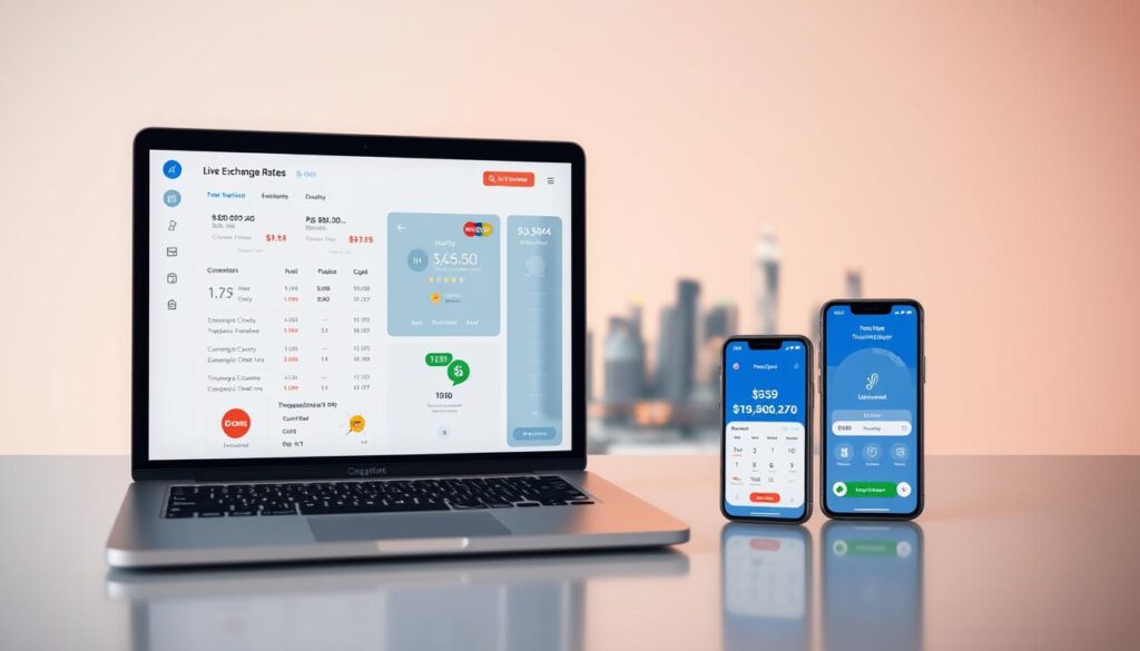 A sleek and modern digital interface showcasing various online currency exchange tools, set against a minimalist backdrop. In the foreground, a laptop display presents a clean, intuitive dashboard with live exchange rates, conversion tools, and transaction history. In the middle ground, mobile devices display currency exchange apps, highlighting their user-friendly features. The background features a subtle cityscape, suggesting the global connectivity of digital finance. The scene is illuminated by warm, diffused lighting, creating a sense of professionalism and trustworthiness. The overall composition conveys the efficiency and convenience of online currency exchange in the context of Singapore's vibrant financial landscape.