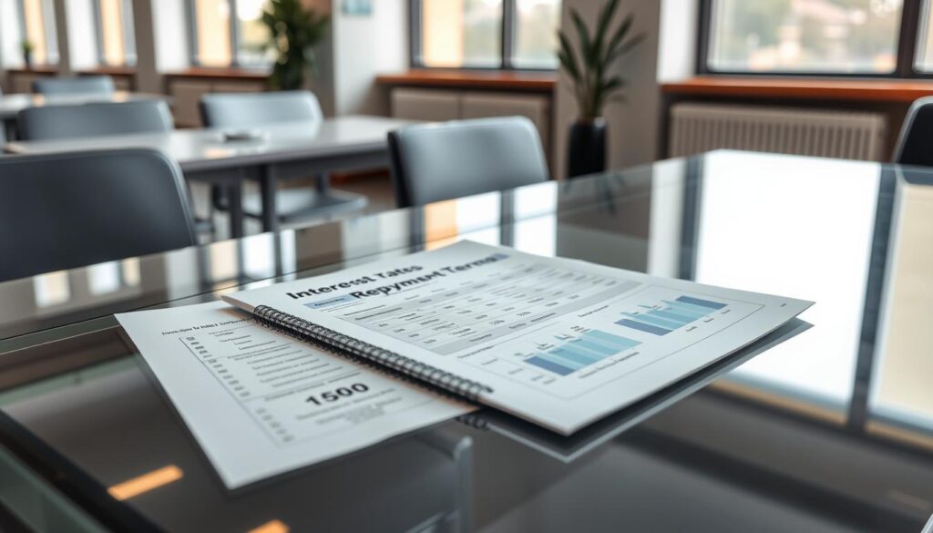 A sleek and modern financial document titled "Interest Rates and Repayment Terms" is displayed on a polished, glass-topped desk. The document features detailed charts and graphs illustrating various loan plans, interest rates, and repayment timelines. The desk is set against a backdrop of a stylish, minimalist office space, bathed in soft, natural lighting filtering in through large windows. The overall scene conveys a sense of professionalism, transparency, and financial expertise, perfectly suited to educate readers on the intricacies of personal loan options.