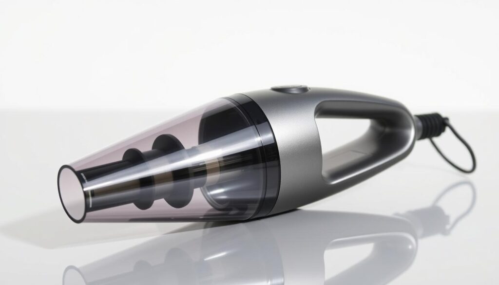 A sleek and modern handheld car vacuum cleaner, with a sturdy metal body and a transparent dust container, standing on a smooth, reflective surface. The vacuum has a powerful suction nozzle attachment, and the image is captured at an angle that showcases its compact and ergonomic design. The lighting is bright and natural, creating a clean and professional look, while the background is a neutral tone that allows the vacuum to be the focal point. The overall composition emphasizes the device's practicality and efficiency for cleaning the interior of a car.