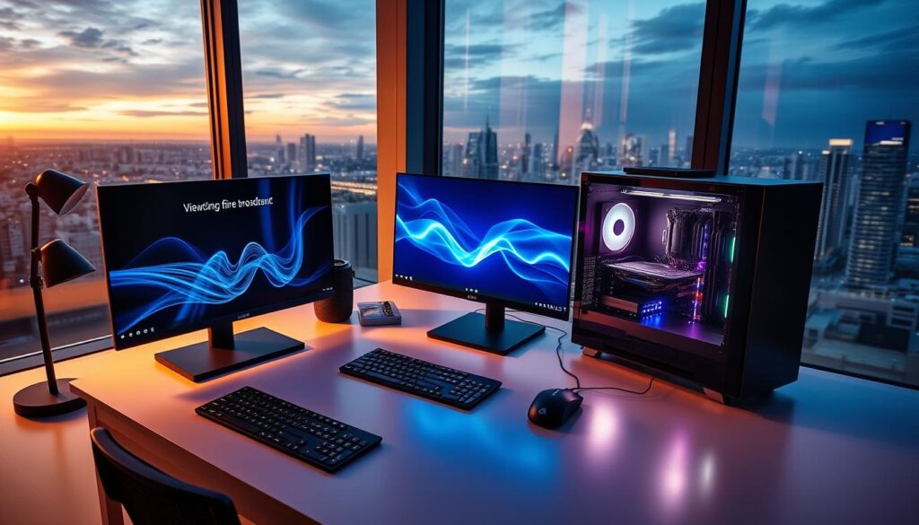 A sleek and modern home office setup, with a large, high-resolution display showcasing the ViewQwest high-speed fibre broadband connection. The desk is neatly organized, with a wireless keyboard and mouse, and a powerful gaming PC meticulously crafted to take full advantage of the lightning-fast internet. Ambient lighting casts a warm glow, creating a welcoming and productive atmosphere. In the background, a panoramic window offers a stunning cityscape, highlighting the urban environment that the ViewQwest network serves. The overall scene conveys a sense of efficiency, connectivity, and technological advancement, reflecting the key features and benefits of this premier broadband provider.