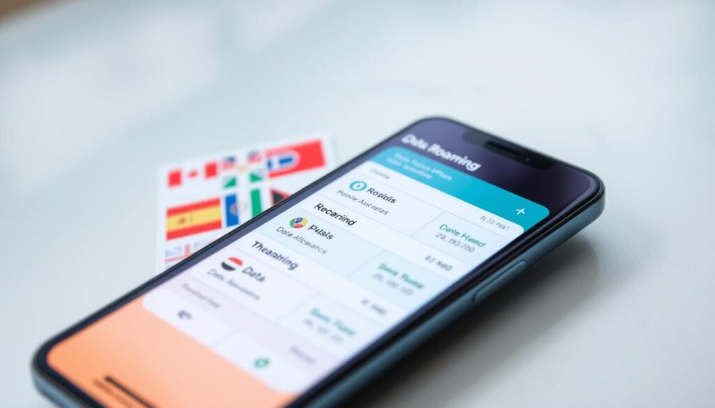 A sleek and modern mobile device display showcasing various data roaming plan options for nearby countries. The foreground features a vibrant, high-resolution illustration of a smartphone with a clean, intuitive interface highlighting different roaming plan tiers, data allowances, and pricing. The middle ground depicts a minimalist, gridded layout of country flags representing the nearby destinations, while the background has a subtle, gradient-based pattern evoking a sense of global connectivity. The lighting is soft and diffused, creating a refined, professional atmosphere. The camera angle provides an optimal, eye-level perspective to emphasize the clarity and usability of the mobile roaming interface.