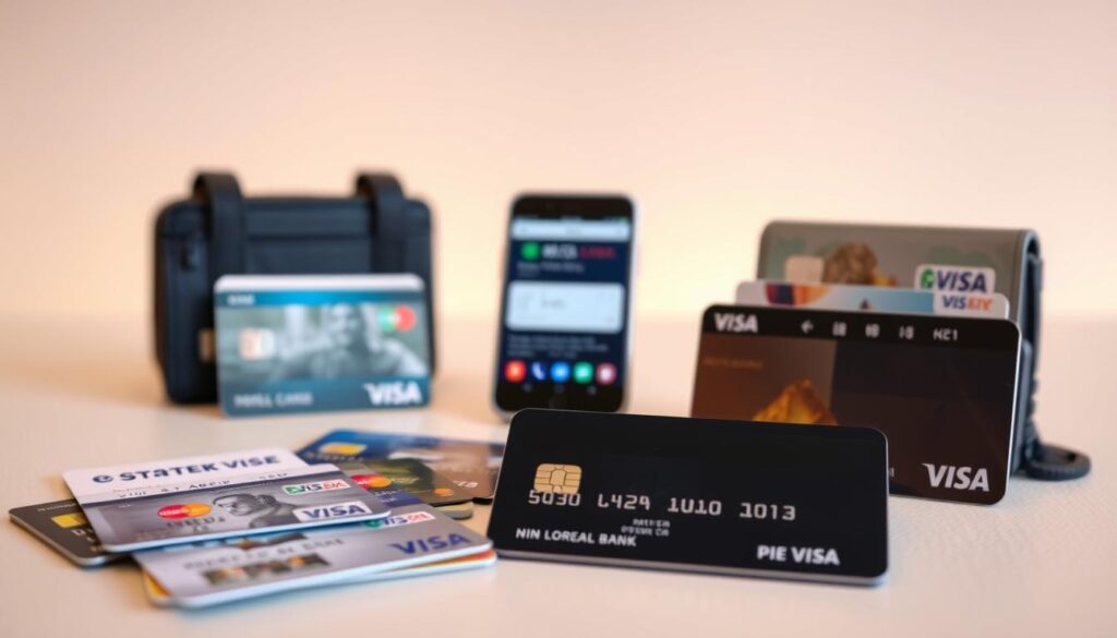 A sleek and modern scene depicting various travel money cards and options. In the foreground, an array of different credit and debit cards, including Visa, Mastercard, and local bank cards, are neatly displayed on a minimalist, neutral-toned surface. The middle ground features a mobile device, possibly a smartphone, showcasing a digital wallet or currency exchange app. In the background, subtle yet warm lighting creates a welcoming atmosphere, complemented by a clean, uncluttered backdrop that emphasizes the focal point of the travel money options. The overall composition conveys a sense of efficiency, convenience, and financial preparedness for the Korean Won exchange process in Singapore.