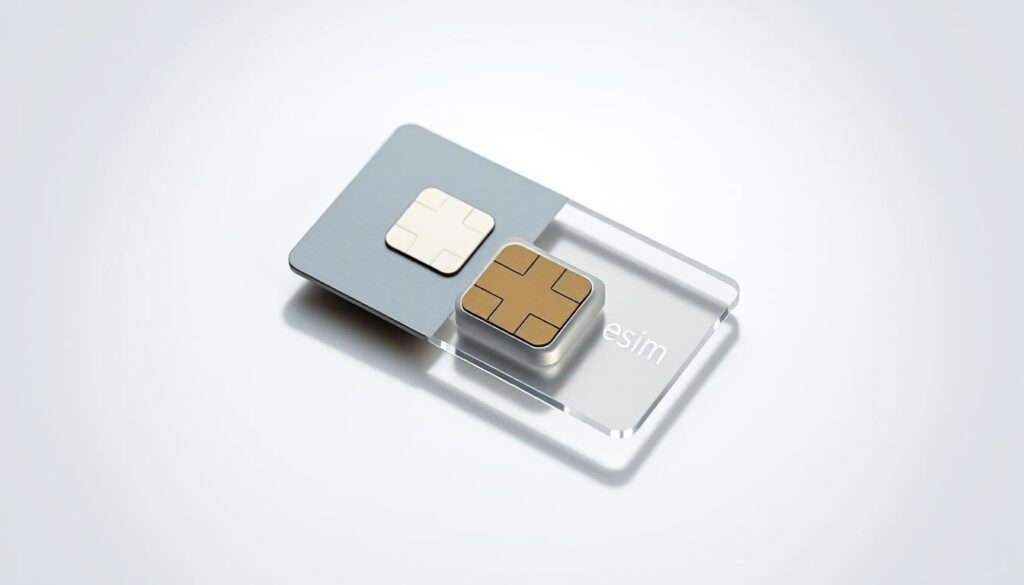 A sleek and modern sim card resting atop a stylized esim, both casting subtle shadows on a minimalist background. The sim card is rendered in high detail, its metallic edges gleaming under soft, diffused lighting. The esim appears as a transparent digital overlay, symbolizing the flexibility and convenience of this emerging technology. The composition is balanced, with the two elements positioned to create a sense of harmony and interconnectedness. The overall mood is one of technological sophistication and the seamless integration of physical and digital components.