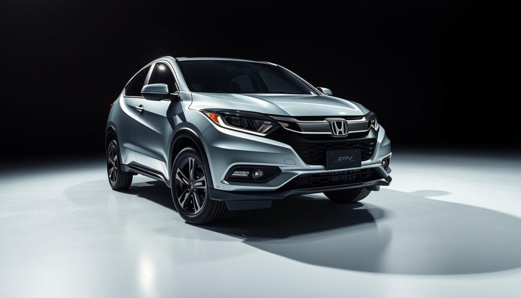 A sleek and stylish Honda ZR-V SUV, captured in a dynamic studio setting. The vehicle is positioned in a 3/4 front view, showcasing its bold, sculpted exterior lines and distinctive front grille design. Vibrant studio lighting creates dramatic shadows and highlights the vehicle's elegant curves, while a smooth, reflective surface beneath reflects the car's stunning profile. The background is a minimalist, high-contrast environment, allowing the ZR-V to take center stage and exhibit its refined, sophisticated aesthetic. The overall mood is one of sophisticated urban elegance, perfectly suited to highlight this mid-size SUV's stylish appeal.