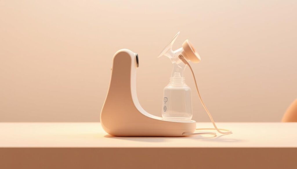 A sleek and user-friendly breast pump placed on a clean, minimalist table. The pump is rendered in a soft, muted color palette, with smooth, ergonomic curves that convey a sense of comfort and ease of use. The design features intuitive controls and a simple, uncluttered interface. Warm, diffused lighting casts a gentle glow, creating a soothing and relaxing atmosphere. The scene is shot from a slightly elevated angle, highlighting the pump's elegant and functional design. The overall impression is one of a thoughtfully-designed, modern medical device that prioritizes the needs and comfort of the user.
