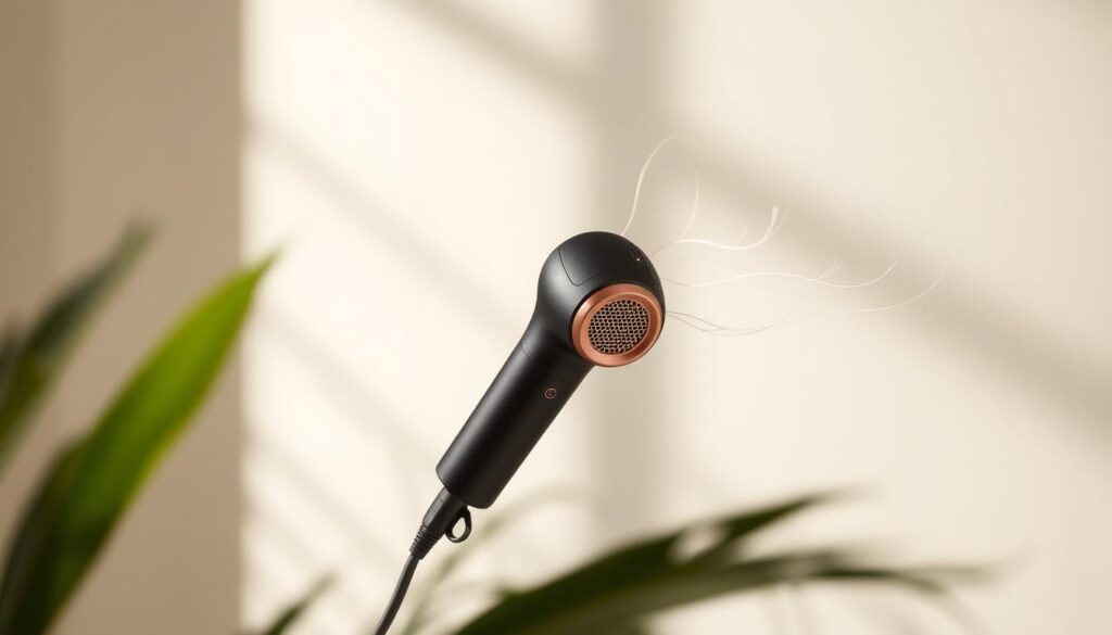 A sleek, compact hair dryer hovers against a softly-lit background, its matte black body and rose gold accents reflecting the gentle illumination. The device's small, ergonomic design is highlighted, emphasizing its portability and ease of use. Wispy strands of hair flutter gently, showcasing the dryer's anti-frizz capabilities in a humid, tropical environment. The scene conveys a sense of sophisticated efficiency, perfectly suited for taming unruly locks in Singapore's climate.