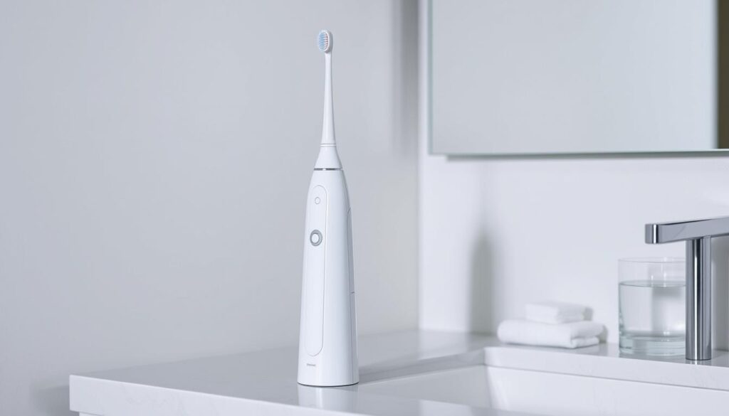 A sleek, contemporary water flosser standing on a minimalist bathroom counter, its smooth, white body gleaming under soft, diffused lighting. The device exudes a sense of quiet efficiency, with a streamlined design and muted color palette that blends seamlessly into the serene, spa-like environment. Nearby, a glass of water and a few neatly arranged bathroom accessories suggest a thoughtful, holistic approach to oral hygiene. The overall mood is one of understated sophistication and tranquility, inviting the viewer to envision a peaceful, rejuvenating experience with this high-performance, low-noise water flosser.