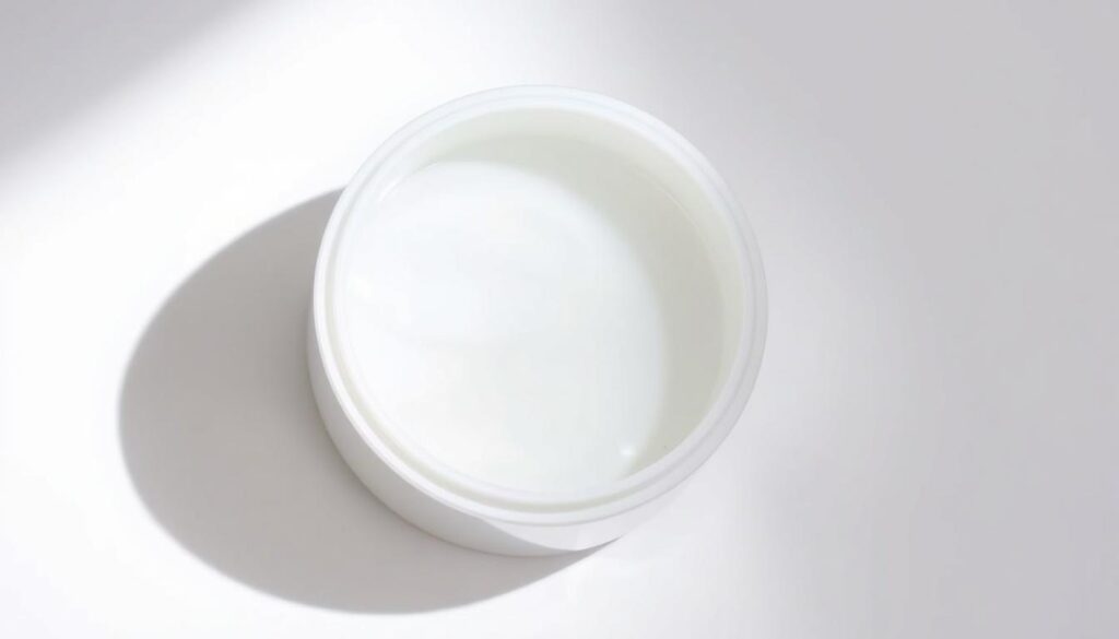 A sleek, cylindrical sunscreen container filled with a luminous, sweat-resistant gel. The container has a minimalist design with a glossy, pearl-white finish, casting soft, diffused lighting on the translucent gel inside. The gel itself appears lightweight and silky, with a subtle, pearlescent sheen that suggests a smooth, non-greasy texture. The scene is captured in a clean, studio-style setting with a plain white background, emphasizing the product's purity and efficacy. Subtle shadows and highlights accentuate the container's form, while the overall composition conveys a sense of simplicity, functionality, and high-performance skincare.