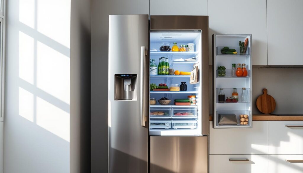 A sleek, energy-efficient refrigerator with a prominent NEA rating label stands prominently in a well-lit modern kitchen. The stainless steel exterior gleams under soft, diffused lighting, casting gentle shadows that accentuate the appliance's clean lines and minimalist design. Smooth, curved doors open to reveal a spacious, neatly organized interior filled with fresh produce, beverages, and other household essentials. The refrigerator's efficient cooling system and eco-friendly features are highlighted, making it an appealing choice for the discerning homeowner seeking to balance style and sustainability.
