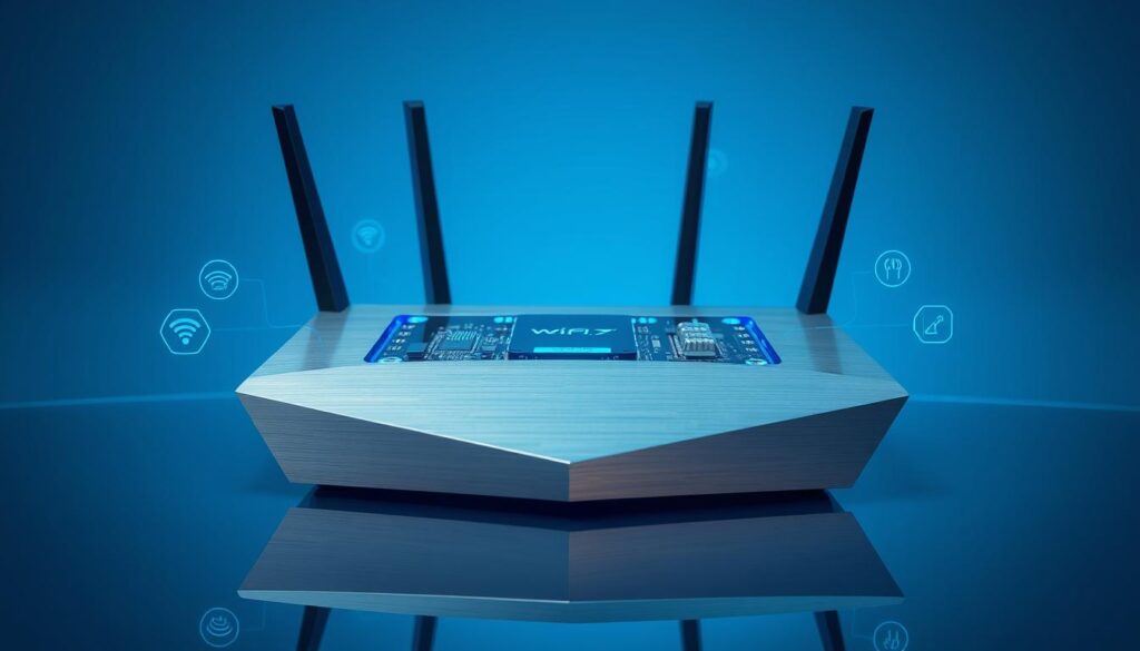 A sleek, futuristic Wi-Fi 7 router, its angular design etched in brushed metal, backlit by a soft blue glow. Intricate circuit boards and antennas visible through a transparent panel, showcasing its cutting-edge internals. The router levitates slightly above a reflective glass surface, casting a sharp, mirrored reflection. Subtle holographic icons and indicators hover around the device, highlighting its advanced networking capabilities. The entire scene is bathed in a cool, high-tech ambiance, hinting at the router's ability to power the next generation of lightning-fast, low-latency wireless connectivity.