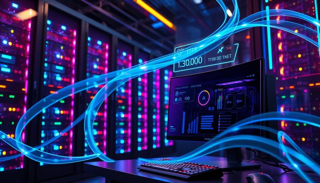 A sleek, futuristic data center with towering server racks glowing with vibrant RGB lighting. In the foreground, a gaming setup with a high-end PC, a curved ultrawide monitor, and a state-of-the-art gaming mouse and keyboard. Translucent fiber optic cables snake through the scene, symbolizing the lightning-fast, low-latency internet connection. Subtle holographic overlays display speed and bandwidth metrics, reflecting the optimal performance for online gaming. The overall atmosphere is one of technological sophistication and immersive gaming experience.