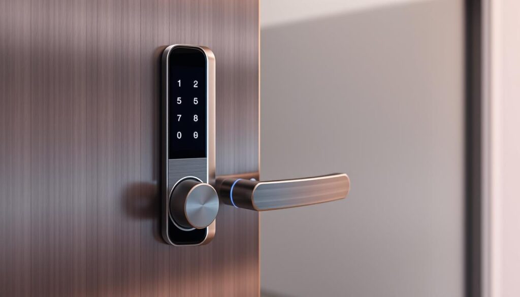 A sleek, high-tech digital door lock system with a premium brushed metal finish and a minimal, futuristic design. The lock's control panel features a backlit touch screen display, discreetly embedded into the surface. Soft, ambient lighting illuminates the lock mechanism, casting a subtle glow. The lock is mounted flush against a modern, minimalist door, creating a seamless, integrated look. The overall impression is one of cutting-edge technology, advanced security, and sophisticated style, perfectly suited for a luxurious smart home environment. A sleek, high-tech digital door lock system with a premium brushed metal finish and a minimal, futuristic design. The lock's control panel features a backlit touch screen display, discreetly embedded into the surface. Soft, ambient lighting illuminates the lock mechanism, casting a subtle glow. The lock is mounted flush against a modern, minimalist door, creating a seamless, integrated look. The overall impression is one of cutting-edge technology, advanced security, and sophisticated style, perfectly suited for a luxurious smart home environment.