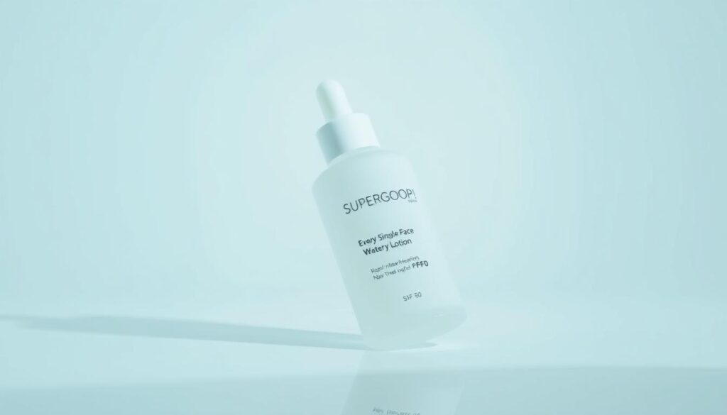 A sleek, minimalist bottle of SUPERGOOP! Every Single Face Watery Lotion SPF 50 rests against a soft, diffused background. The bottle's frosted glass exterior reflects the muted lighting, conveying a sense of lightness and simplicity. The formula appears translucent, suggesting a non-greasy, lightweight texture. The label is discreet, with the brand name and product name visible in a clean, sans-serif typeface. Subtle reflections and a shallow depth of field draw the viewer's attention to the delicate, almost ethereal nature of the product.