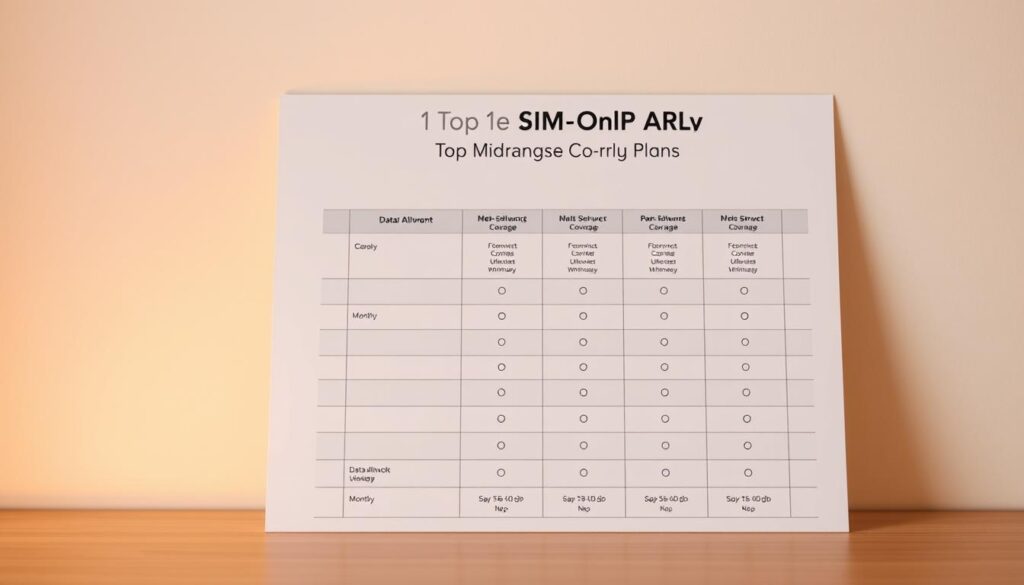 A sleek, minimalist comparison chart showcasing mid-range SIM-only plans, presented against a soft, neutral background. The chart features a clean, modern layout with clear delineation of plan details such as data allowance, network coverage, and monthly fees. The foreground displays the plan information in a well-organized tabular format, with subtle highlights to draw the eye. Warm, indirect lighting casts a subtle glow, creating a professional and informative atmosphere. The overall composition evokes a sense of clarity and practicality, perfectly suited to illustrate the "Top Mid-Range SIM-Only Plans (200GB - 400GB)" section of the article.