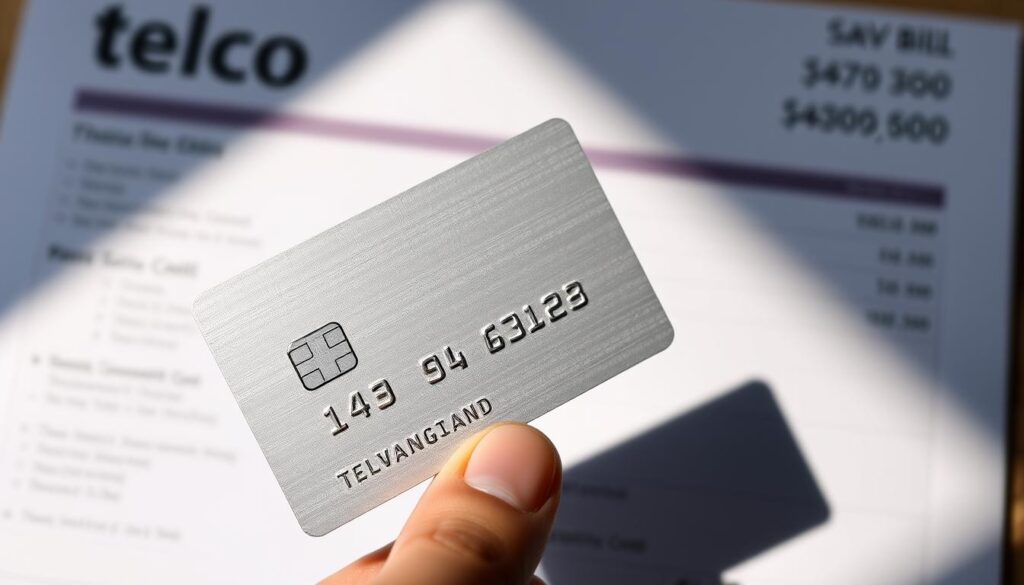A sleek, minimalist credit card held against a blurred background of a telco bill, casting a soft shadow. The card is illuminated from the side, highlighting its metallic finish and embossed details. The telco bill is out of focus, but its text and numbers are legible enough to suggest potential savings. The lighting is warm and inviting, conveying a sense of financial savvy and control. The overall composition is clean and balanced, drawing the viewer's attention to the credit card as the focal point.